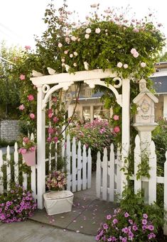 a white picket fence with pink flowers growing on it