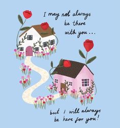 a card with two houses and roses on the front, one house has a path leading to it