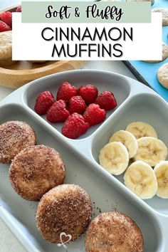 a tray with bananas, raspberries and cinnamon muffins