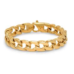 Men's 18 k gold plated stainless steel link bracelet Tarnish Resistant Yellow Gold Metal Bracelets, Tarnish-resistant Yellow Gold Metal Bracelet, Gold Stainless Steel Bangle Bracelet, Yellow Gold Stainless Steel Bangle Jewelry, Gold Stainless Steel Bangle Charm Bracelet, Metal Curb Chain Jewelry, Metal Curb Chain Link Jewelry, Modern Cuban Link Jewelry, Gold Stainless Steel Oval Link Bracelets