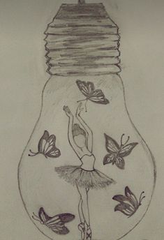 a pencil drawing of a ballerina in a light bulb with butterflies around the bulb