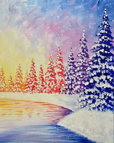 an acrylic painting of snow covered trees by the water at sunset or dawn