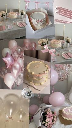 a collage of pink and white cakes, balloons, candles, and other items