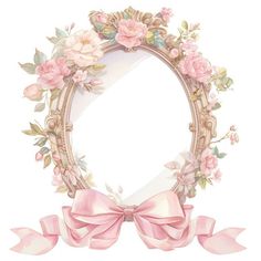 an oval frame with pink flowers and bows around it, on a white background that is framed in gold