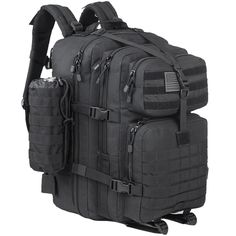 a large backpack with multiple compartments on the front and back side, all in black