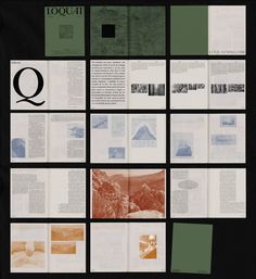 an assortment of different types of papers on a black background with the letter q above them