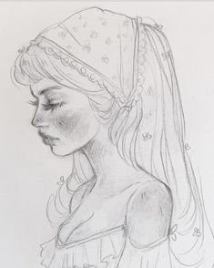 a drawing of a woman with long hair and a bandanna on her head, wearing a dress