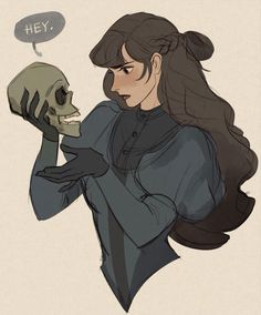 a drawing of a woman holding a skull