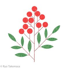 a red flower with green leaves is drawn on a white background and it looks like an illustration