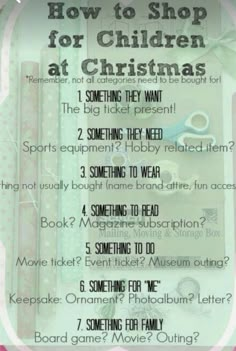 a poster with instructions on how to shop for children at christmas time, including scissors and other things