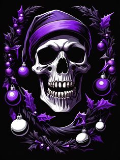 a skull wearing a purple hat with christmas decorations around it's neck and eyes