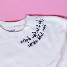 Who’s Afraid of Little Old Me? You should be! This embroidered sweatshirt is the perfect nod to TTPD and a great gift for your favorite Swiftie! oversized and comfy Teacher Crewneck Sweatshirt, Sweatshirt Designs Vinyl Cricut, Hand Stitched Sweatshirt, Whos Afraid Of Little Old Me, Sweatshirt Embroidery Diy, Swiftie Crafts, The Office Embroidery, Embroidered Sweatshirt Diy, Hand Embroidered Sweatshirt