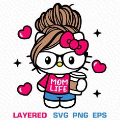 an image of a hello kitty with glasses on her head and the words layered svg png eps