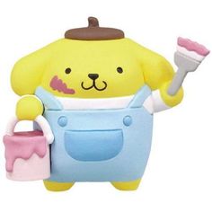 a yellow bear holding a pink and blue bucket with a spatula in it's hand