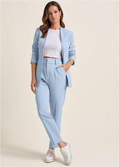 An ideal day in the office starts with these suit pant. Crafted with tapered legs and crisp front pleats, these pants give you room to move from home to work feeling relaxed. Slip a belt through the loops and tuck your favorite top into the high-rise waistline for a flattering outfit that shows off your shape.* Two front pockets* Pleated front* Zipper/button closure* High-waist with belt loops* Tapered leg* Fabric has stretch* Runs large; size down for a better fit* By Lascana for VENUS* Poly/vi Pant Suit With Tennis Shoes, Light Blue Suit Women Outfit, Light Blue Pants Outfit Women, Light Blue Pants Outfit, Blue Pants Women, Blue Trousers Outfit, High Waisted Pleated Pants, Tailored Pants Women, Business Fits