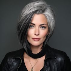 Sable Black with Frosty Gray Edges Grey And Light Brown Hair, Silver Hair With Dark Underneath, Colored Gray Hair, Grayish Hair Color, Grey Hair With Dark Underneath, Silver Hair Highlights Short Hair, Older Women Gray Hairstyles, Short And Shaggy Hairstyles, Hairstyles For Greying Hair