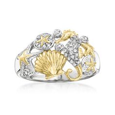 Ross-Simons - .10 ct. t.w. Diamond Sea Life Ring in Two-Tone Sterling Silver. Size 9. An RS exclusive. Take a dive under the ocean shore with this incredible sea life ring! On it, a myriad of classic oceanic motifs, like starfish, scallop shells and seahorses, sparkle with .10 ct. t.w. diamond rounds, set in polished sterling silver and 18kt yellow gold over sterling silver. 1/2" wide. Diamond sea life ring. Diamond birthstones are the perfect gift for April birthdays. Ocean Shore, Sea Life Jewelry, Life Ring, Under The Ocean, Three Stone Diamond Ring, Silver Rings Simple, Morganite Diamond, Diamond Birthstone, Three Stone Diamond