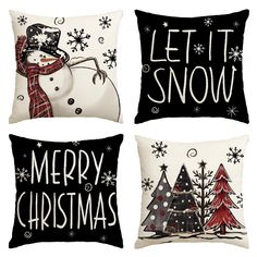 three pillows with snowmen and trees on them, one has the words let it snow