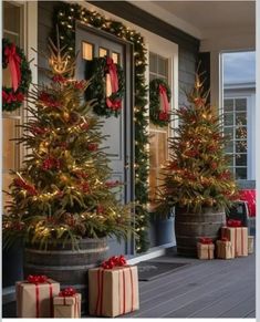 two christmas trees sitting on top of wooden barrels with presents under them next to each other