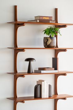 three wooden shelves with books and plants on them