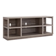 an entertainment center with two shelves and one shelf on the side, in grey wood