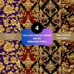 four different patterns in gold, purple and black with the number 4 on each side