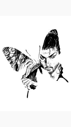 a black and white drawing of a man with a butterfly on his shoulder next to him