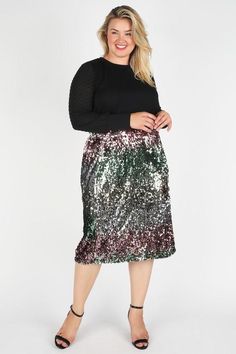 Ready for the party or dress it down, either way this midi length sequin skirt is sure to make a splash. Available in sizes 1X, 2X, 3X only. Skirt colors are Gold - Pink - Green. Glamorous Knee-length Spring Skirt, Glamorous Knee-length Skirt For Spring, Glamorous Knee-length Party Bottoms, Glamorous Midi Skirt For Spring, Knee-length Sequined Party Bottoms, Sequin Skirt For Night Out In Fall, Fall Sequin Skirt For Night Out, Pencil Skirt Dress With Lined Skirt For Night Out, Lined Pencil Skirt Dress For Night Out