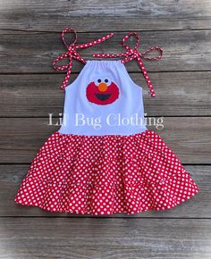 Elmo red white polka dot twirl dress with shoulder ties. Elmo Dress, Bug Clothing, Damask Dress, Polka Dot Birthday, Elmo Sesame Street, Elmo Birthday, White Polka Dot Dress, Chevron Dress, Twirl Dress