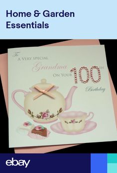 a greeting card with a teapot and cup on it that says, home & garden essentials