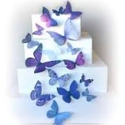 a three tiered cake with purple butterflies on it