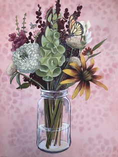 a painting of flowers in a glass vase on a pink background with leopard print wallpaper