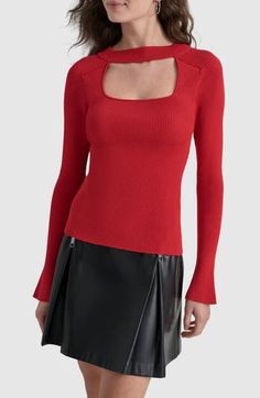 A chic cutout at the front lends plenty of allure to this ribbed sweater that has flared cuffs for vintage-inspired charm. Crewneck Long sleeves 80% rayon, 20% nylon Machine wash, dry flat Imported