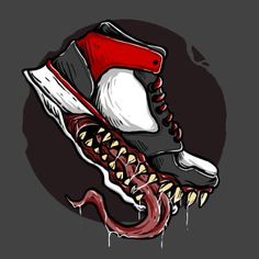 a pair of sneakers with teeth and fangs on the soles, painted in black and red