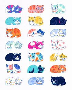 many different colored cats laying on top of each other in the shape of a circle