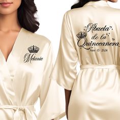 Front and back personalized satin robe at knee length. Abuela de la quinceanera getting ready robes with black glitter. Custom Robes, Personalized Robe, Quinceanera Party, Womens Robes, Cream Beige, Champagne Gold, Toddler Sizes, Quince, Quinceanera