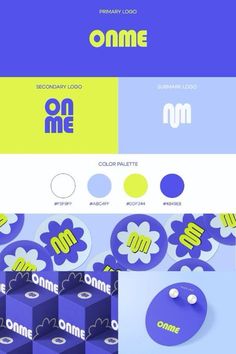 the logo for omme is shown in three different colors and shapes, including blue, green