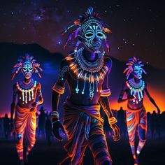 an image of some people that are dancing in the night sky with neon lights on their faces