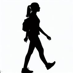 a silhouette of a girl walking with a backpack on her back and shoes off to the side