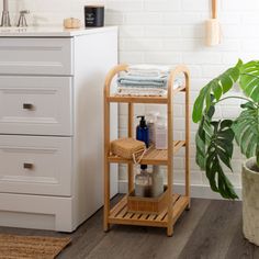 a bathroom with white walls and wood floors