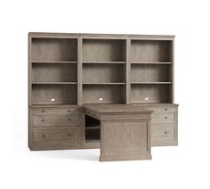 an office desk and bookcase with drawers