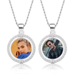 two pendants with the same photo on them, one has a woman's face and