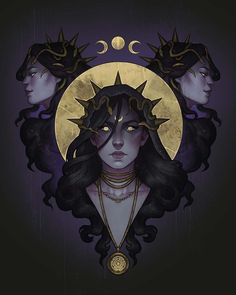 an illustration of three women with crowns on their heads and the moon in the background