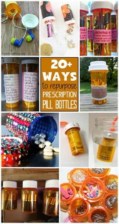 the collage shows several different bottles and jars with words on them that say 20 ways to repurpose prescription pill bottles