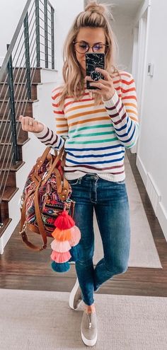 black smartphone #spring #outfits Outfits With Color, Perfect Spring Outfit, Fun Outfits, Essential Minerals, Spring Outfit Ideas, Rainbow Sweater, Smart Outfit, Rainbow Shirt, Bright Spring