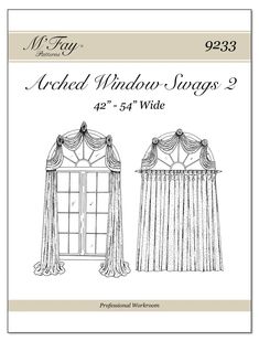 the front and back of an arch window with drapes on each side, which is drawn