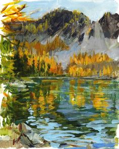 an oil painting of a mountain lake surrounded by trees