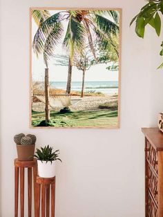 there is a painting hanging on the wall next to two planters and a potted palm tree