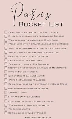 the paris bucket list is shown in black and white, with pink flowers on it