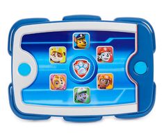 a blue and white children's tablet with paw patrol characters on the display screen